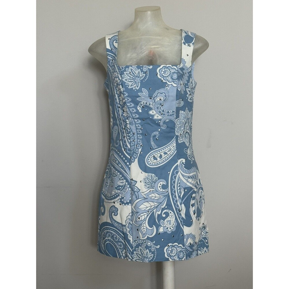 NWT Camila Coelho Paisley Studded Mini Dress Size 8 Blue Preppy Coastal Resort